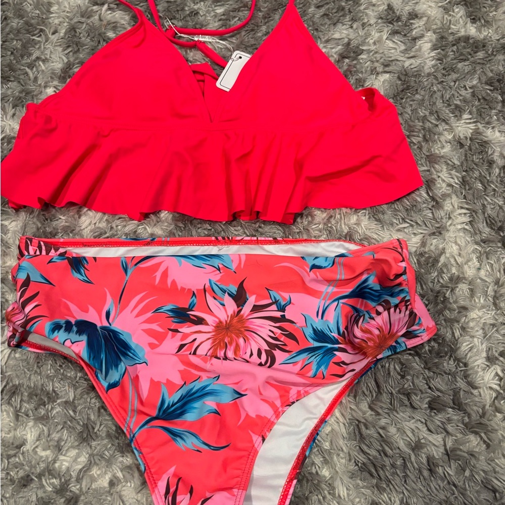 Women's Swim Set - Pink and Floral Design High Waisted Bottom Size Large NWOT